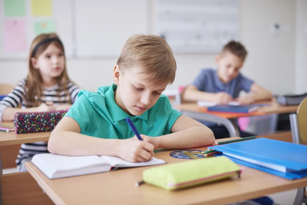 Schoolboy writing in exercise book in class