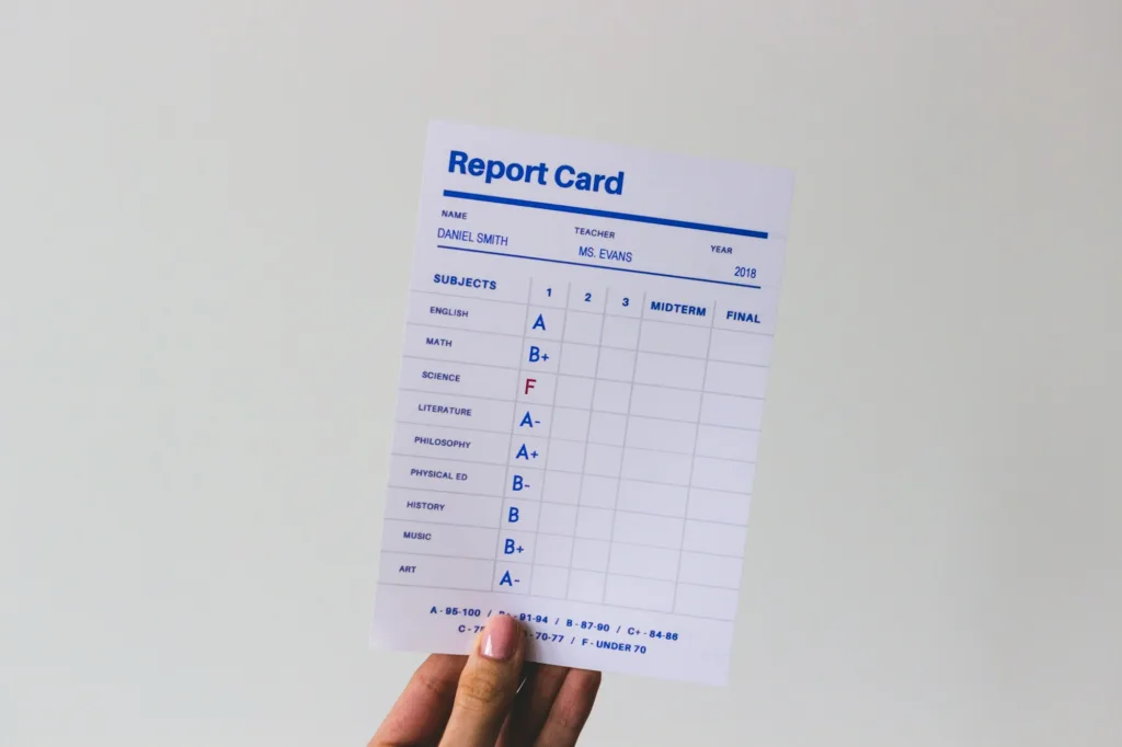 Report card showing for post about tips for improving grades